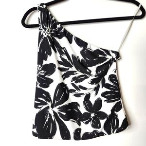 LILY MORGAN BLACK & WHITE FLORAL ONE SHOULDER TANK TOP SIZE SMALL